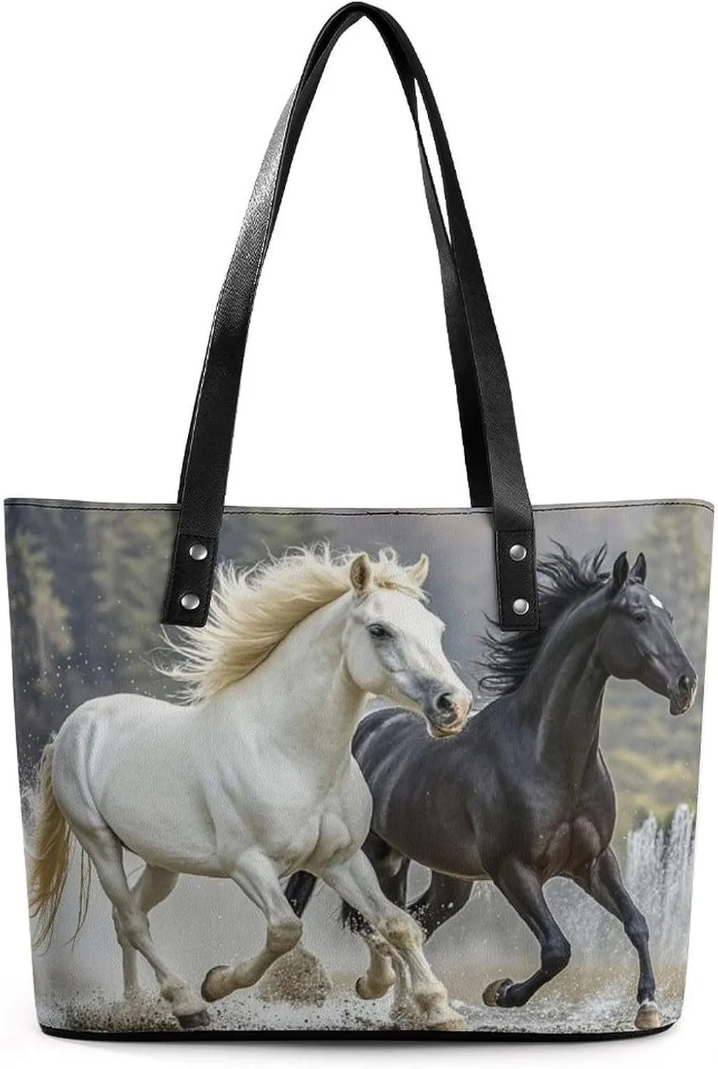 Leather Tote Bag Crossbody Bags for Women Fashion Top Handle Handbag Black And White Horses Running Ladies Shoulder Bags Casual Beach Bag Gym Bages Ladies Purses for Shopping Work Travel
