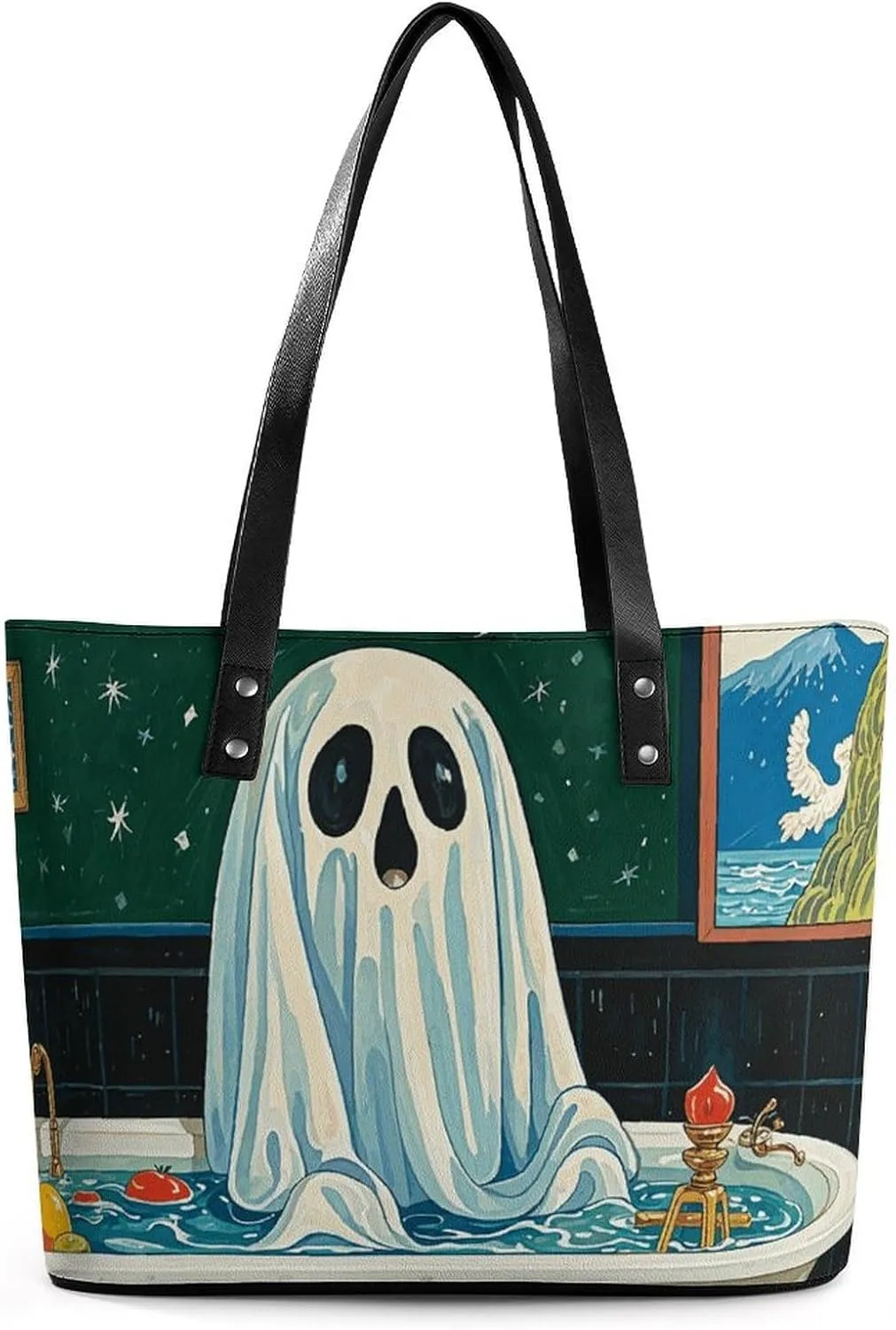Leather Tote Bag Crossbody Bags for Women Fashion Top Handle Handbag Funny Ghost in The Bathtub Ladies Shoulder Bags Casual Beach Bag Gym Bages Ladies Purses for Shopping Work Travel
