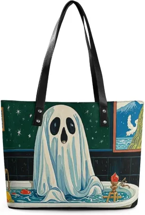 Leather Tote Bag Crossbody Bags for Women Fashion Top Handle Handbag Funny Ghost in The Bathtub Ladies Shoulder Bags Casual Beach Bag Gym Bages Ladies Purses for Shopping Work Travel