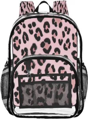 Leopard Pink Clear Backpack with Back Print, Heavy Duty See Through Backpacks PVC Transparent Daypack for Travel Security