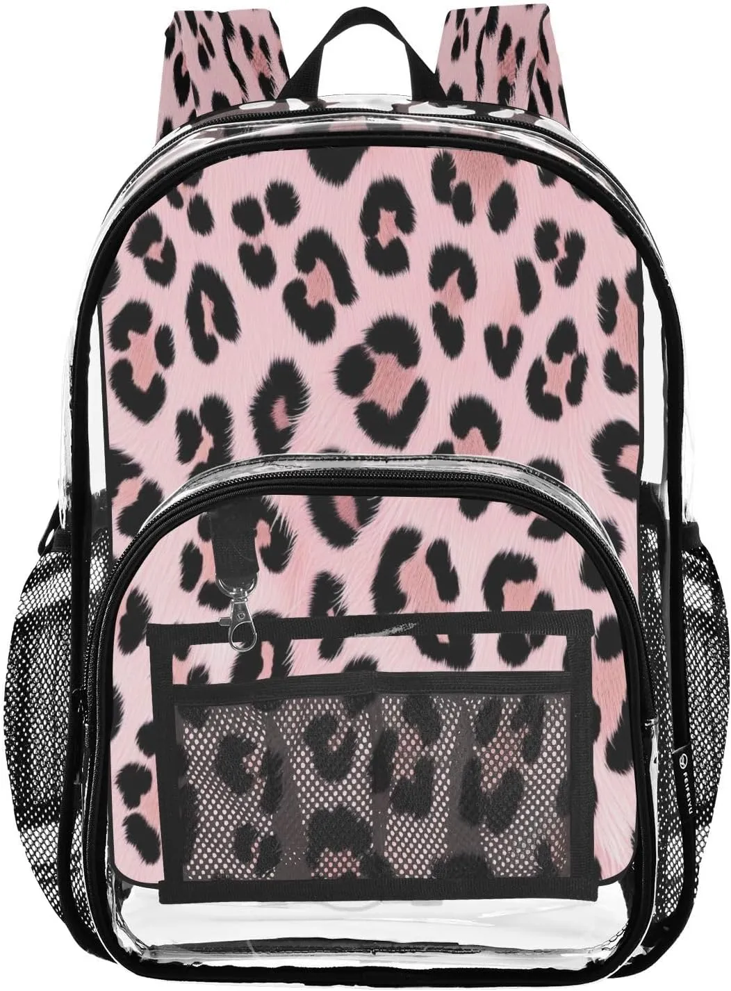 Leopard Pink Clear Backpack with Back Print, Heavy Duty See Through Backpacks PVC Transparent Daypack for Travel Security