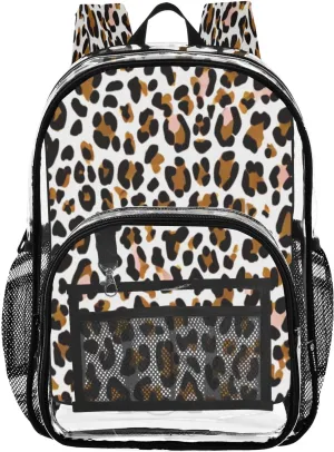 Leopard White Brown Clear Backpack with Back Print, Heavy Duty See Through Backpacks PVC Transparent Daypack for Travel Security