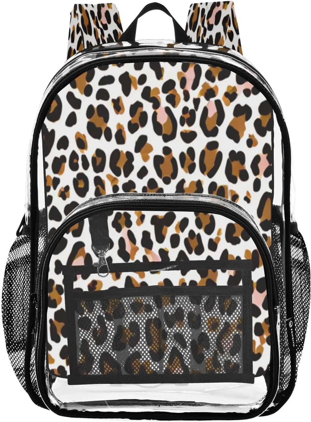 Leopard White Brown Clear Backpack with Back Print, Heavy Duty See Through Backpacks PVC Transparent Daypack for Travel Security