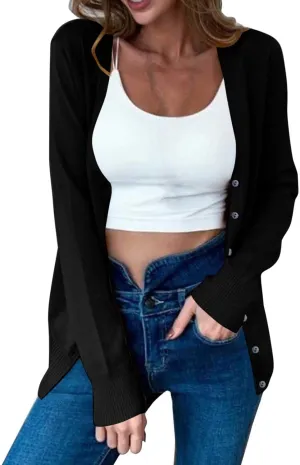 Light Weight Sweaters for Women Casual v Neck Button Up Knit Cardigan Open Front Solid Outwear Coats Fall Fashion