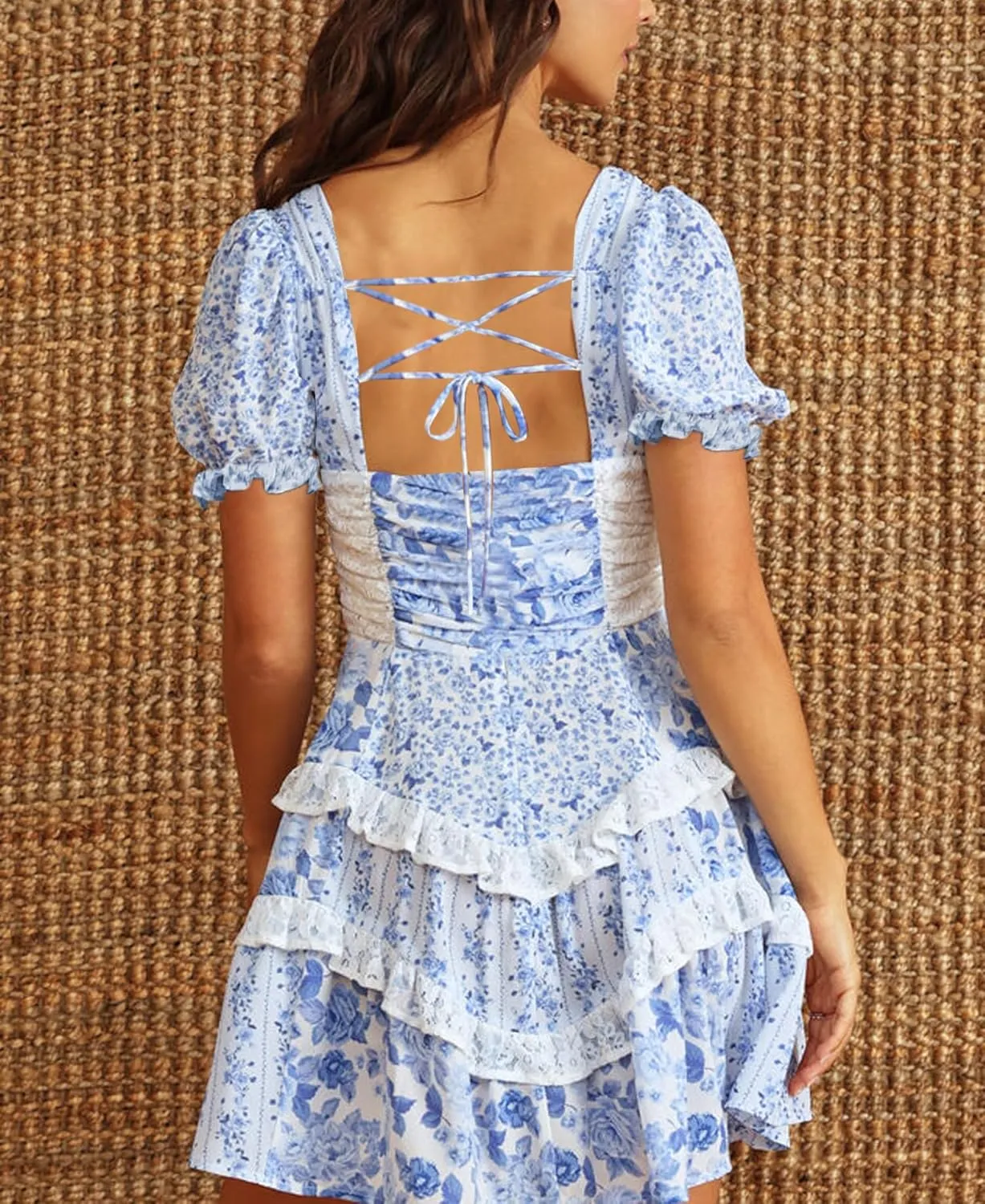 LILTWIST Women Patchwork Short Floral Dress Y2k Layered Ruffle Flowy Babydoll Dress Bohomian Puff Sleeve Tiered Mini Sundress