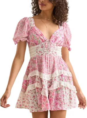 LILTWIST Women Patchwork Short Floral Dress Y2k Layered Ruffle Flowy Babydoll Dress Bohomian Puff Sleeve Tiered Mini Sundress