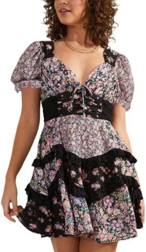 LILTWIST Women Patchwork Short Floral Dress Y2k Layered Ruffle Flowy Babydoll Dress Bohomian Puff Sleeve Tiered Mini Sundress