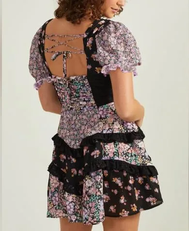 LILTWIST Women Patchwork Short Floral Dress Y2k Layered Ruffle Flowy Babydoll Dress Bohomian Puff Sleeve Tiered Mini Sundress