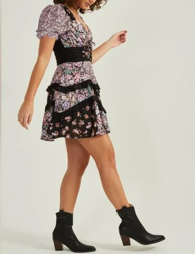 LILTWIST Women Patchwork Short Floral Dress Y2k Layered Ruffle Flowy Babydoll Dress Bohomian Puff Sleeve Tiered Mini Sundress