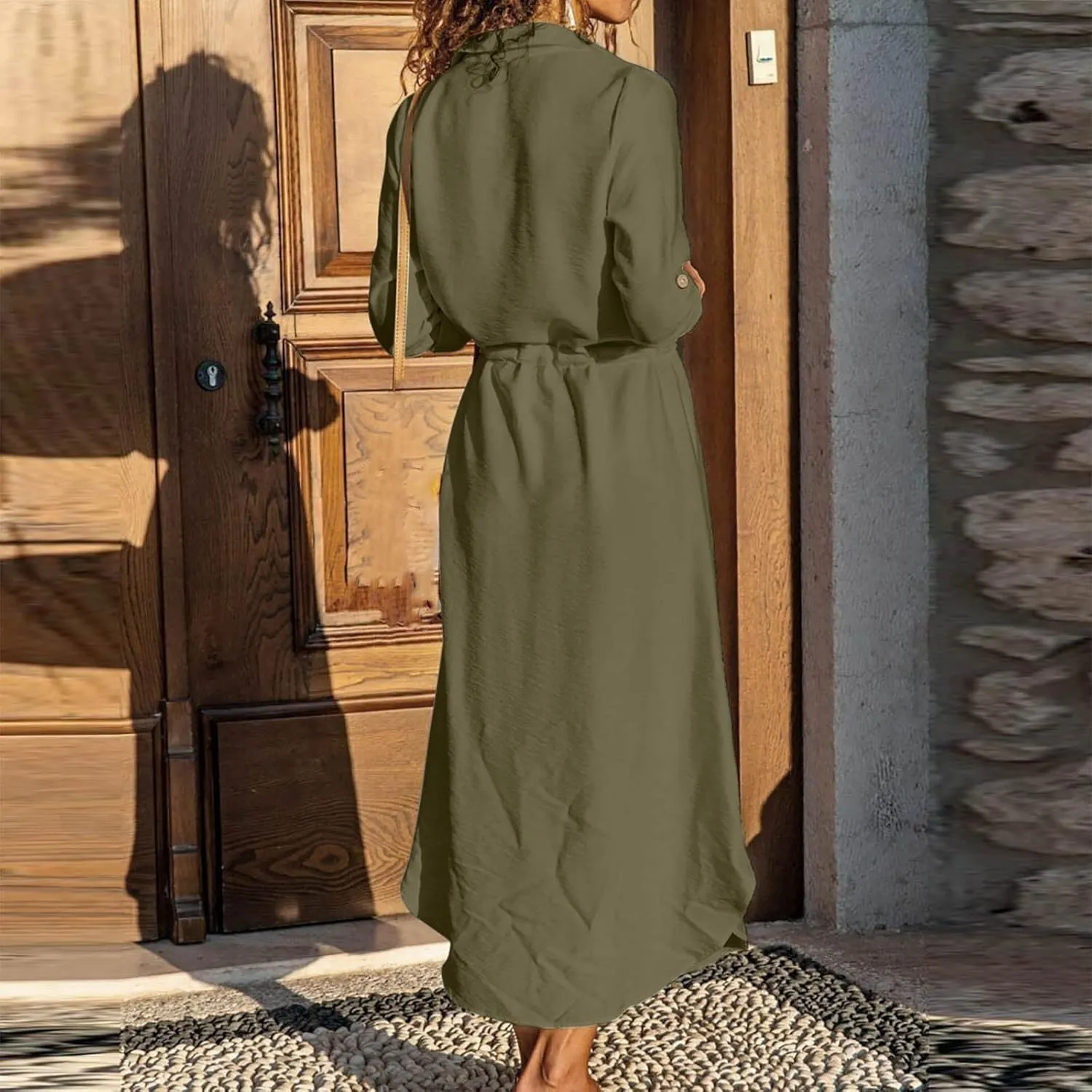 Linen Dress for Women Plus Size Button Down Shirt Dresses Loose Side Slit Maxi Dress Long Sleeve Summer Beach Dress