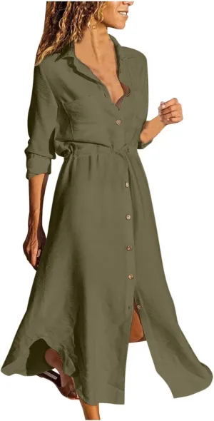 Linen Dress for Women Plus Size Button Down Shirt Dresses Loose Side Slit Maxi Dress Long Sleeve Summer Beach Dress