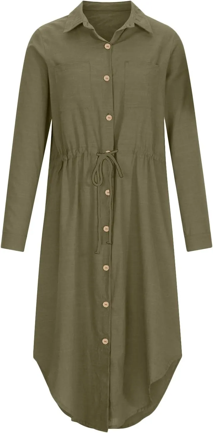 Linen Dress for Women Plus Size Button Down Shirt Dresses Loose Side Slit Maxi Dress Long Sleeve Summer Beach Dress