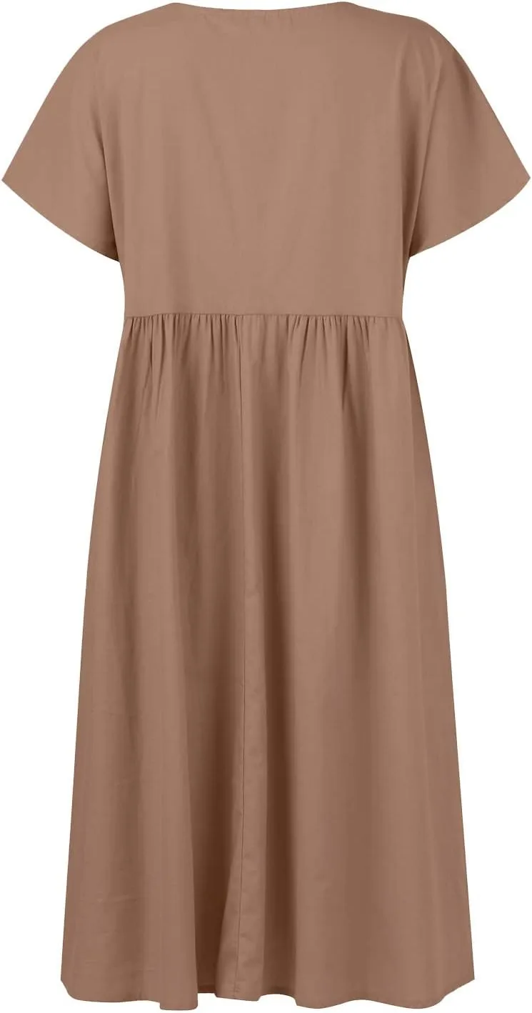 Linen Dress Women Crewneck Short Sleeve Casual Summer Dress with Pockets Pleated Plain Loose Plus Size Midi Dresses