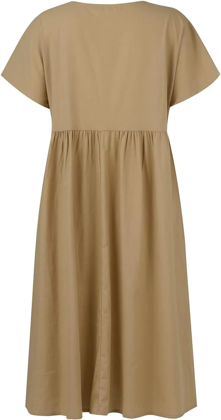 Linen Dress Women Crewneck Short Sleeve Casual Summer Dress with Pockets Pleated Plain Loose Plus Size Midi Dresses