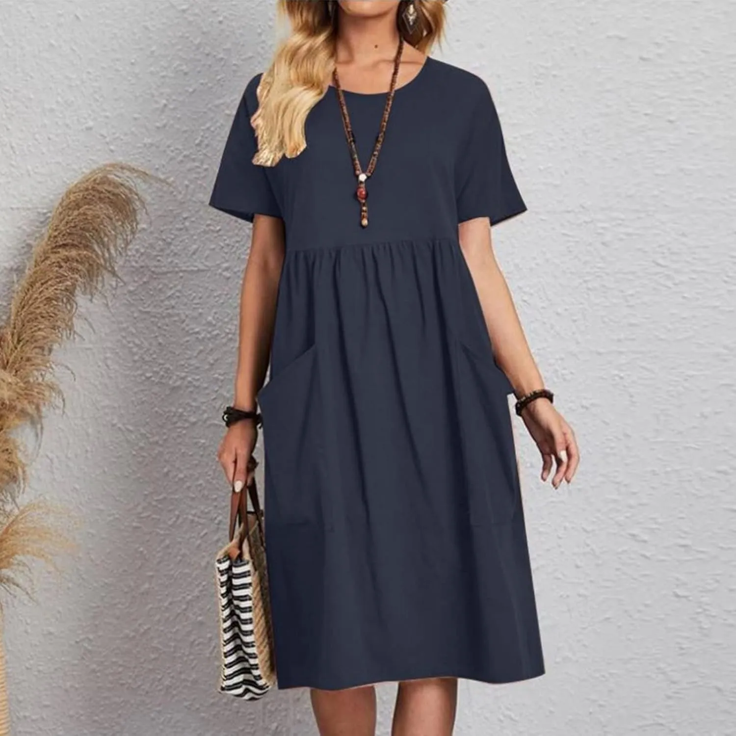 Linen Dress Women Crewneck Short Sleeve Casual Summer Dress with Pockets Pleated Plain Loose Plus Size Midi Dresses