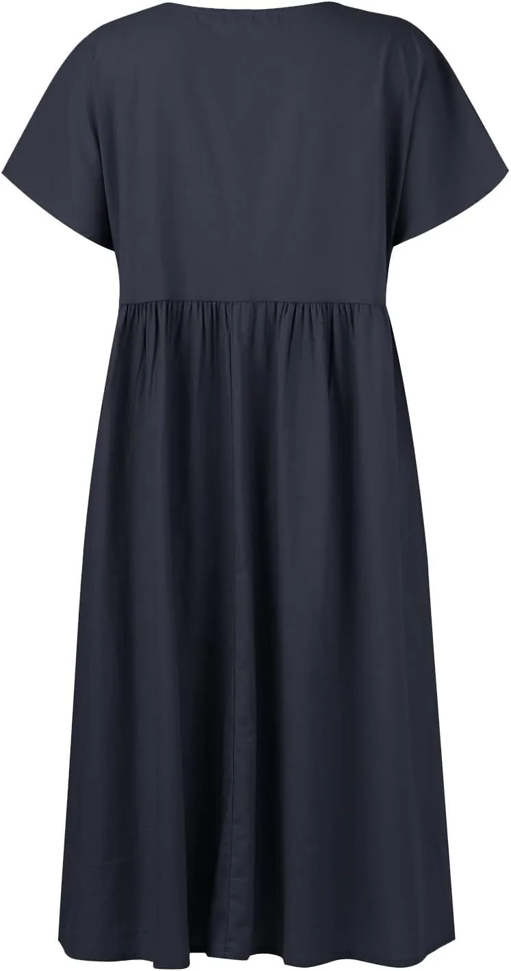 Linen Dress Women Crewneck Short Sleeve Casual Summer Dress with Pockets Pleated Plain Loose Plus Size Midi Dresses