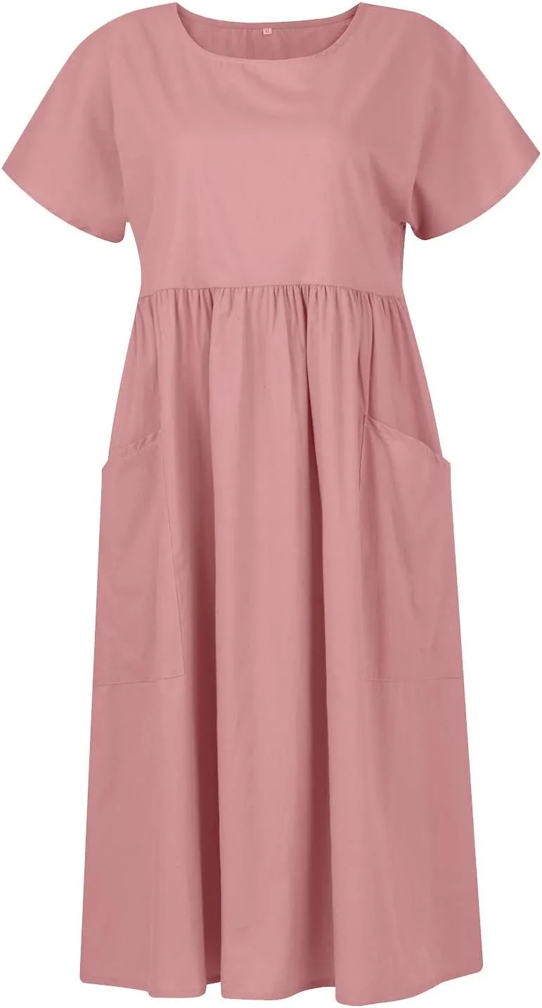 Linen Dress Women Crewneck Short Sleeve Casual Summer Dress with Pockets Pleated Plain Loose Plus Size Midi Dresses
