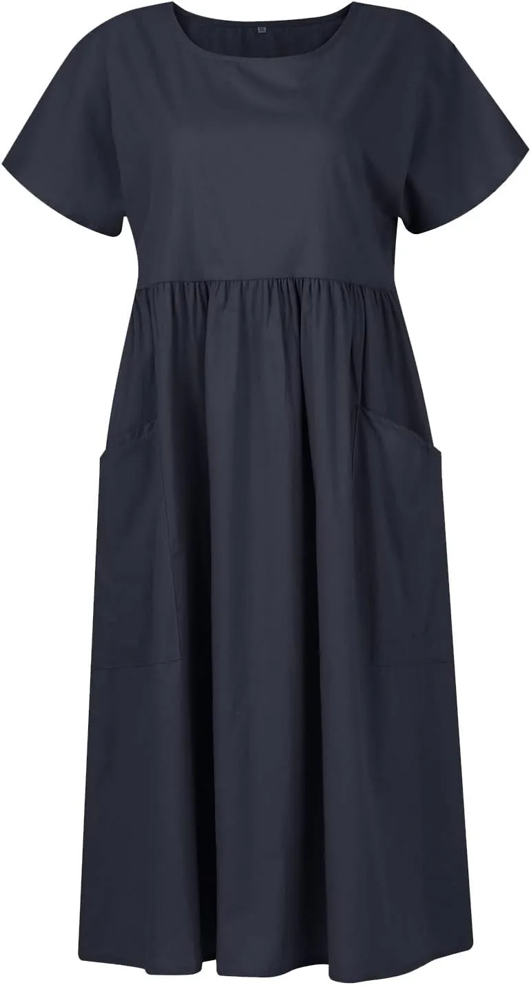 Linen Dress Women Crewneck Short Sleeve Casual Summer Dress with Pockets Pleated Plain Loose Plus Size Midi Dresses