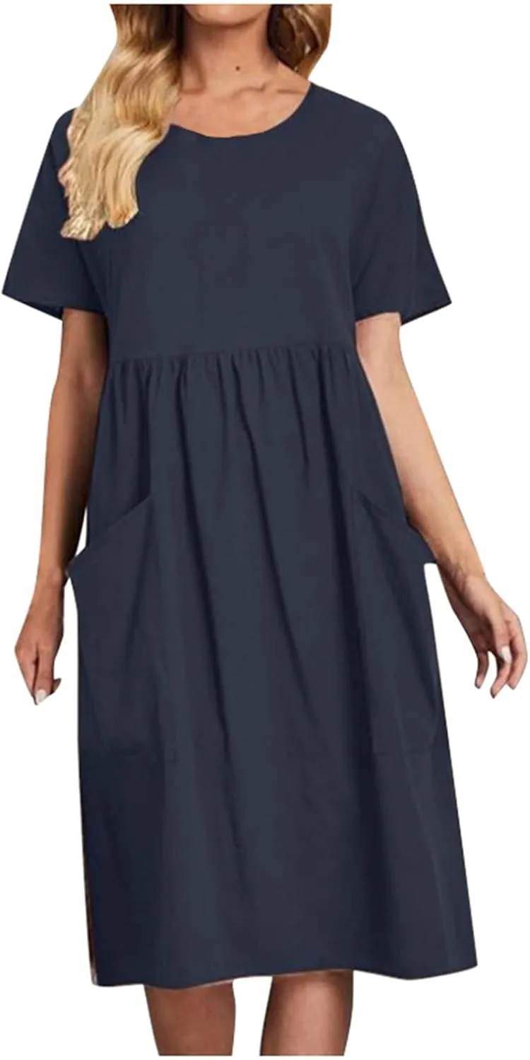 Linen Dress Women Crewneck Short Sleeve Casual Summer Dress with Pockets Pleated Plain Loose Plus Size Midi Dresses