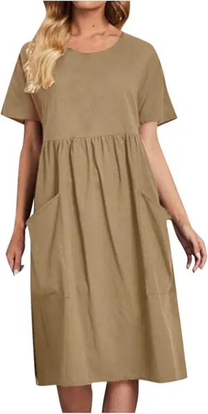 Linen Dress Women Crewneck Short Sleeve Casual Summer Dress with Pockets Pleated Plain Loose Plus Size Midi Dresses