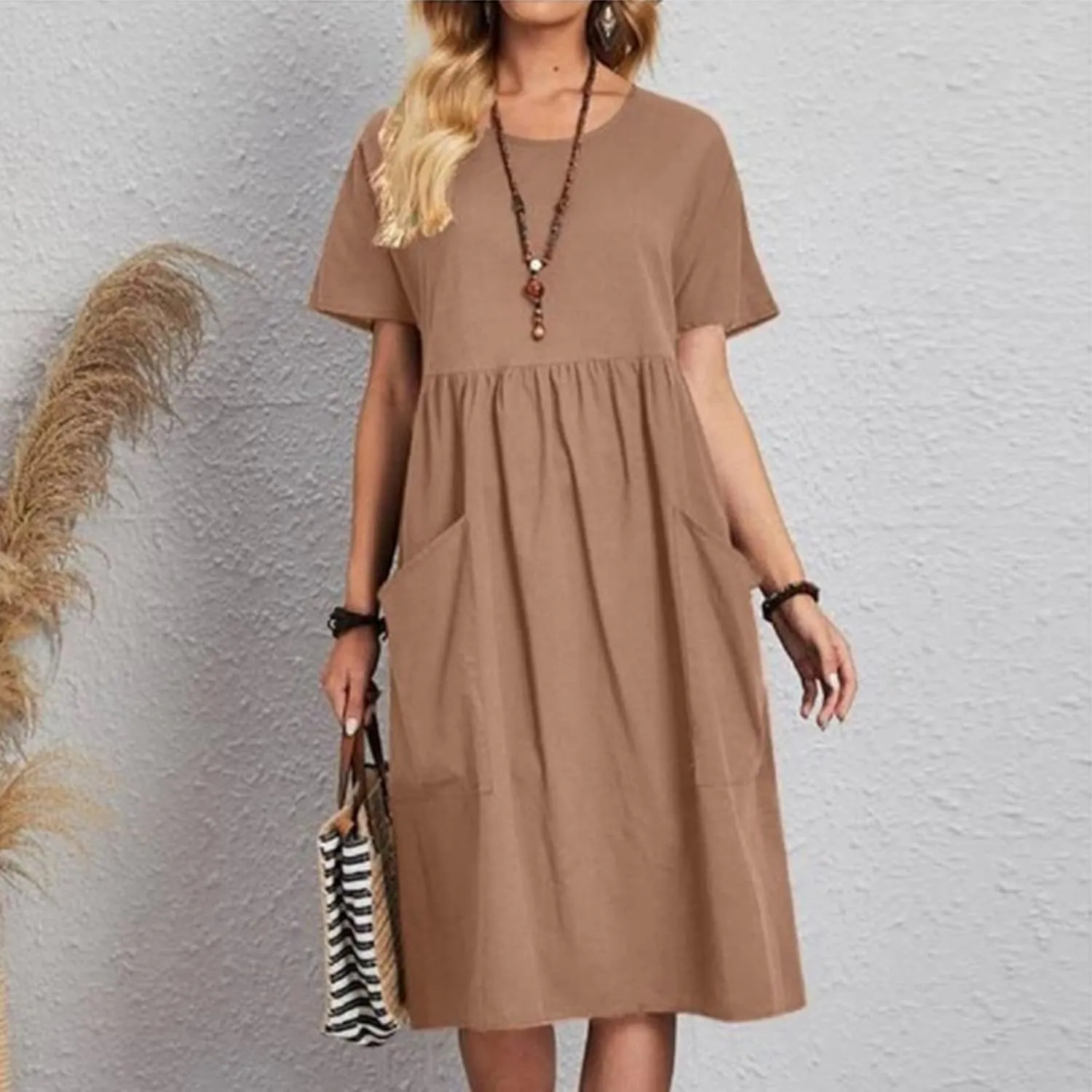 Linen Dress Women Crewneck Short Sleeve Casual Summer Dress with Pockets Pleated Plain Loose Plus Size Midi Dresses