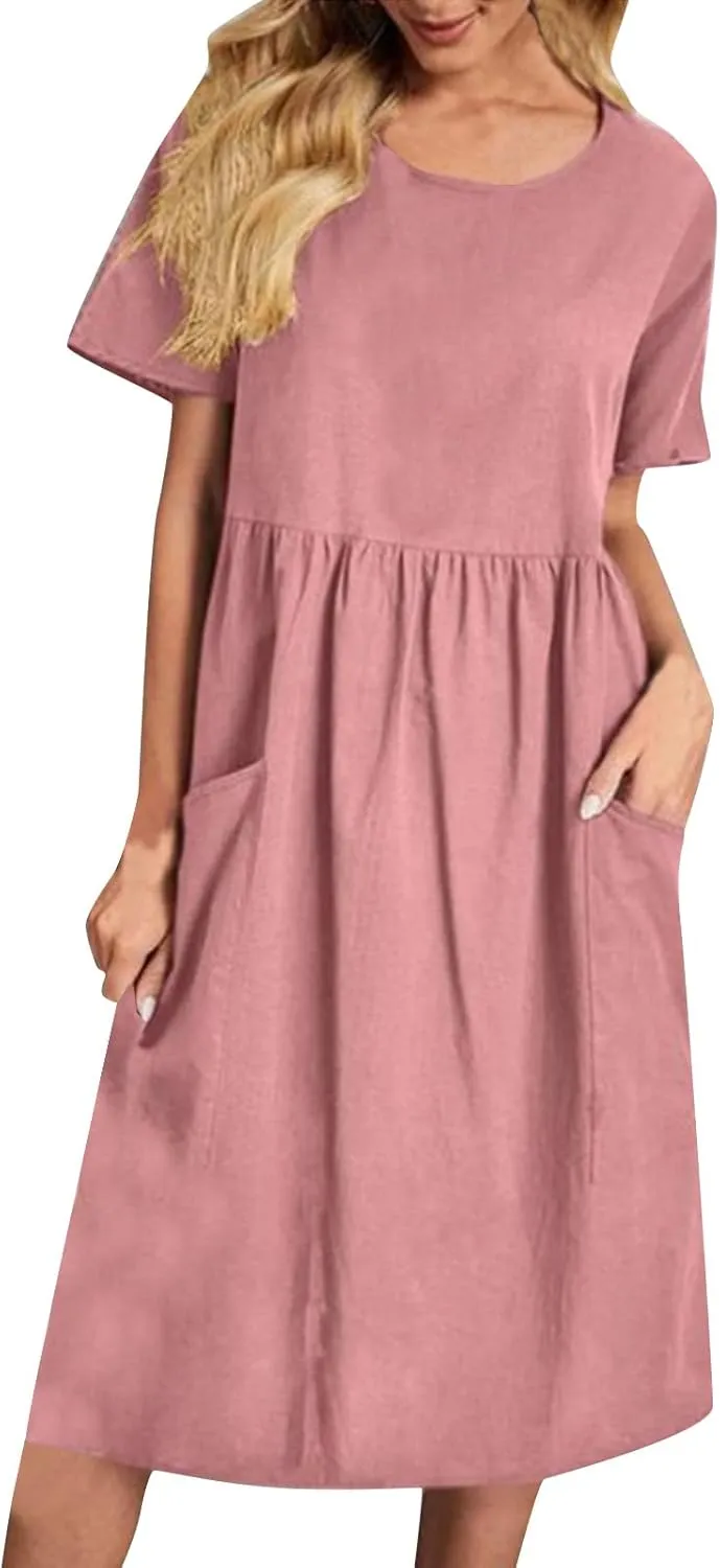 Linen Dress Women Crewneck Short Sleeve Casual Summer Dress with Pockets Pleated Plain Loose Plus Size Midi Dresses