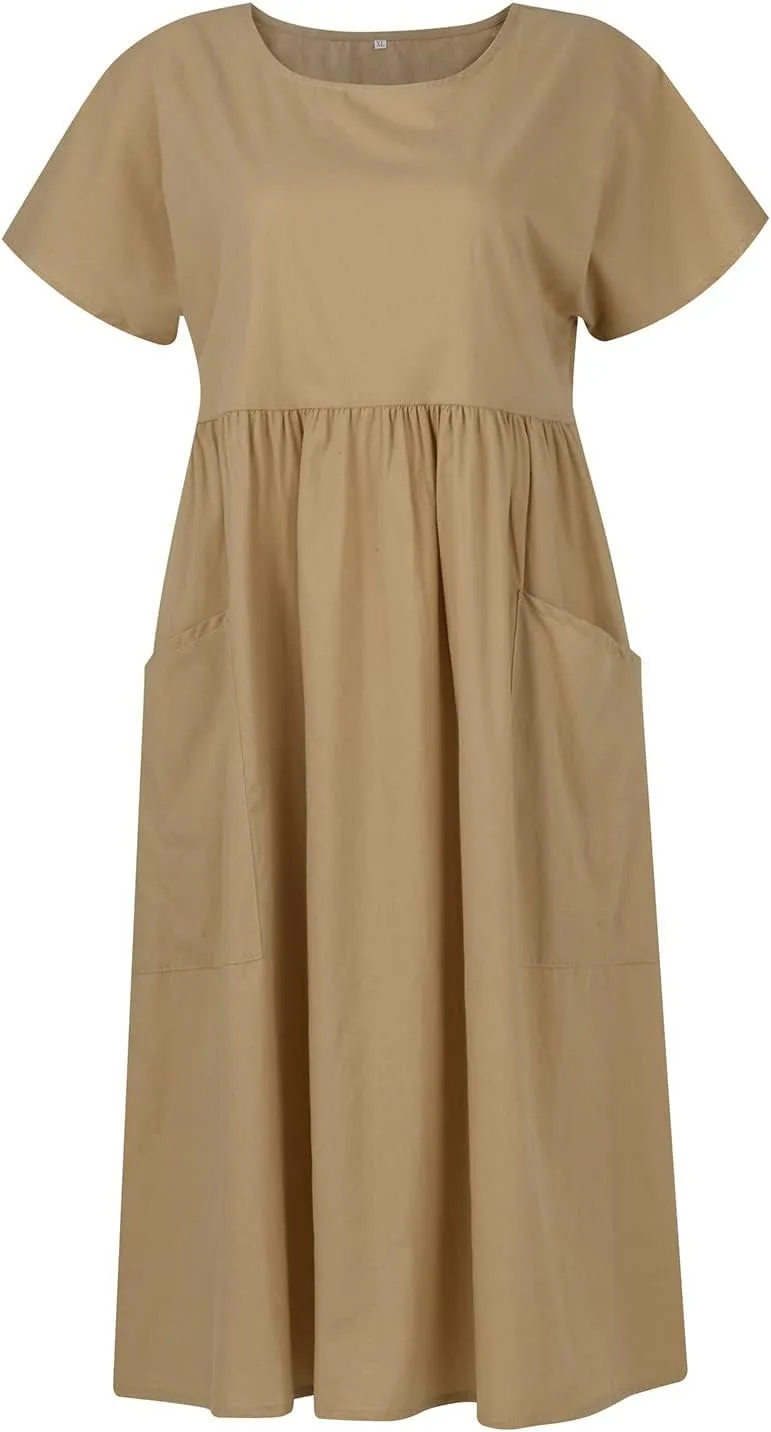 Linen Dress Women Crewneck Short Sleeve Casual Summer Dress with Pockets Pleated Plain Loose Plus Size Midi Dresses