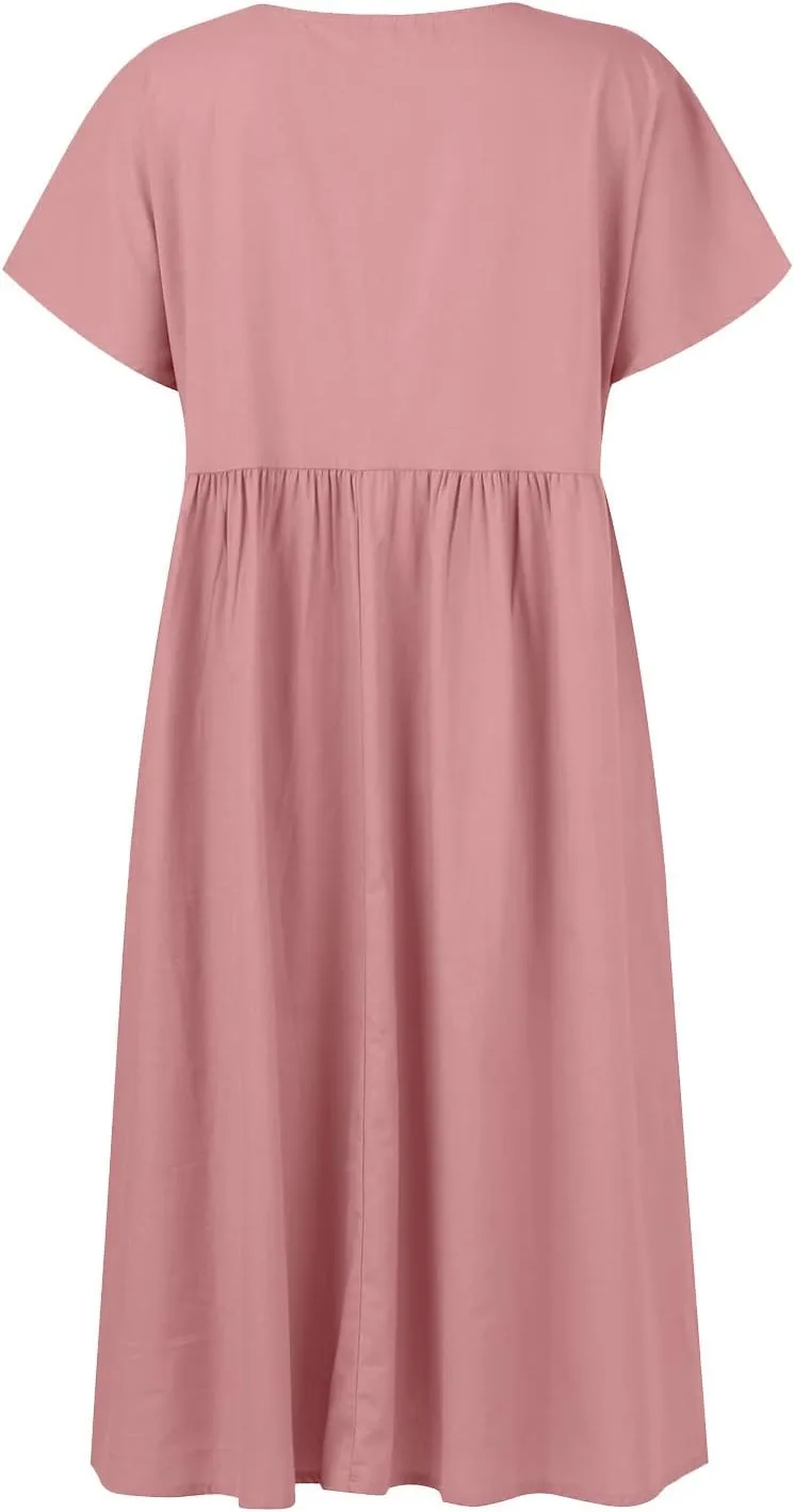 Linen Dress Women Crewneck Short Sleeve Casual Summer Dress with Pockets Pleated Plain Loose Plus Size Midi Dresses