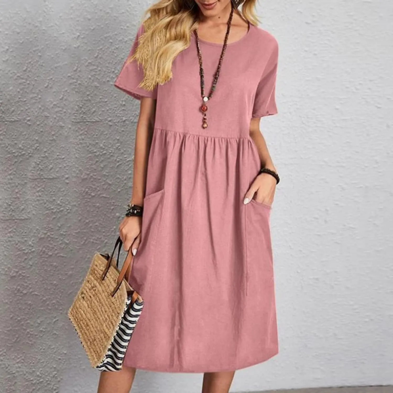 Linen Dress Women Crewneck Short Sleeve Casual Summer Dress with Pockets Pleated Plain Loose Plus Size Midi Dresses