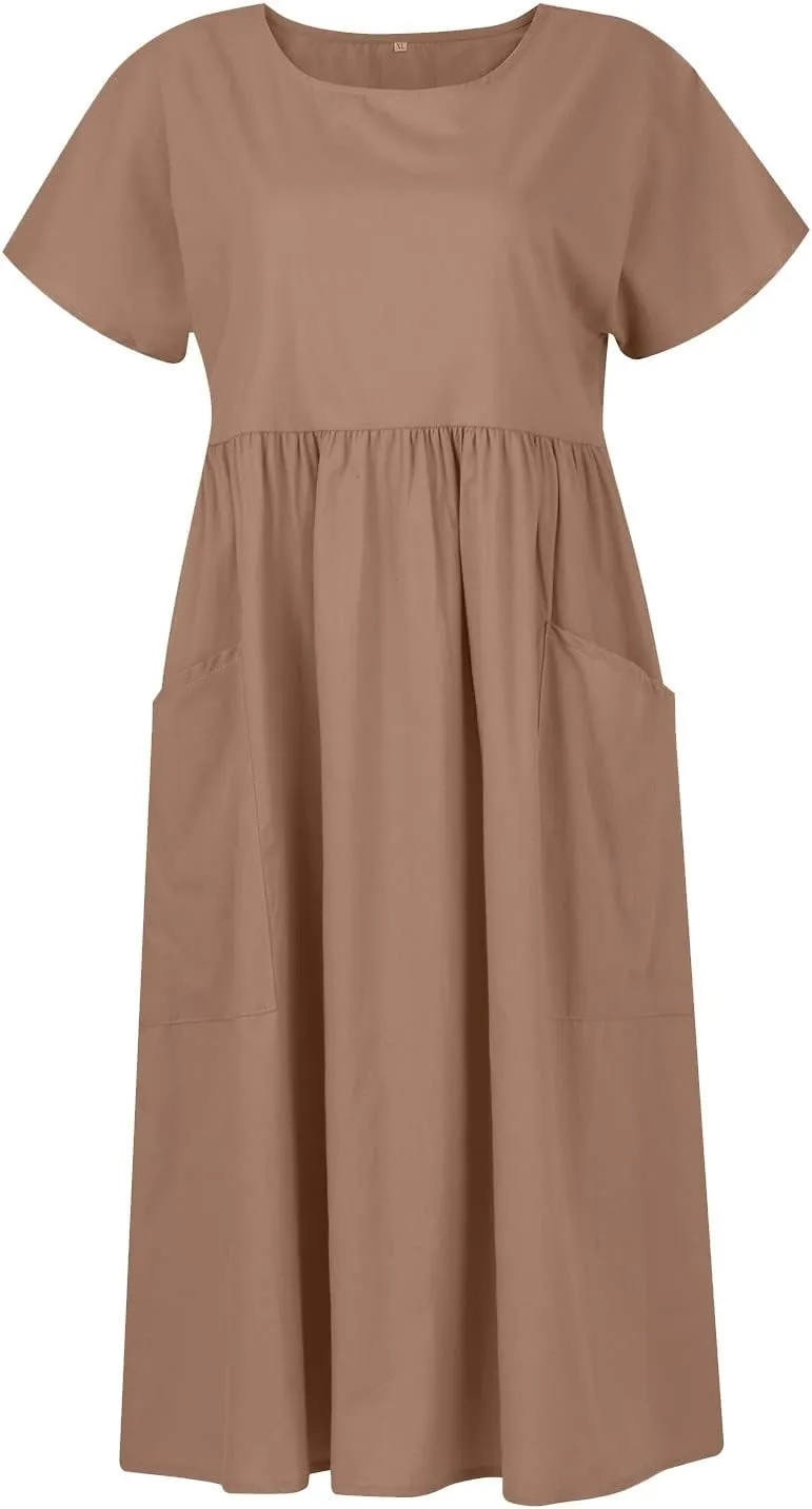Linen Dress Women Crewneck Short Sleeve Casual Summer Dress with Pockets Pleated Plain Loose Plus Size Midi Dresses