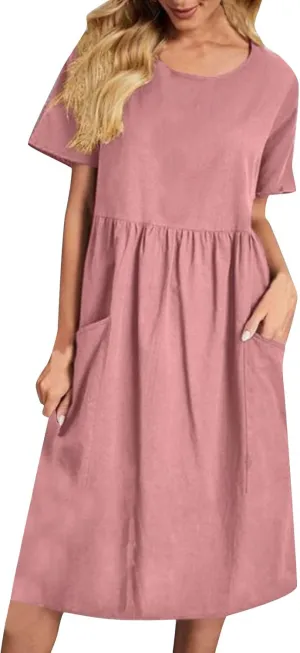 Linen Dress Women Crewneck Short Sleeve Casual Summer Dress with Pockets Pleated Plain Loose Plus Size Midi Dresses