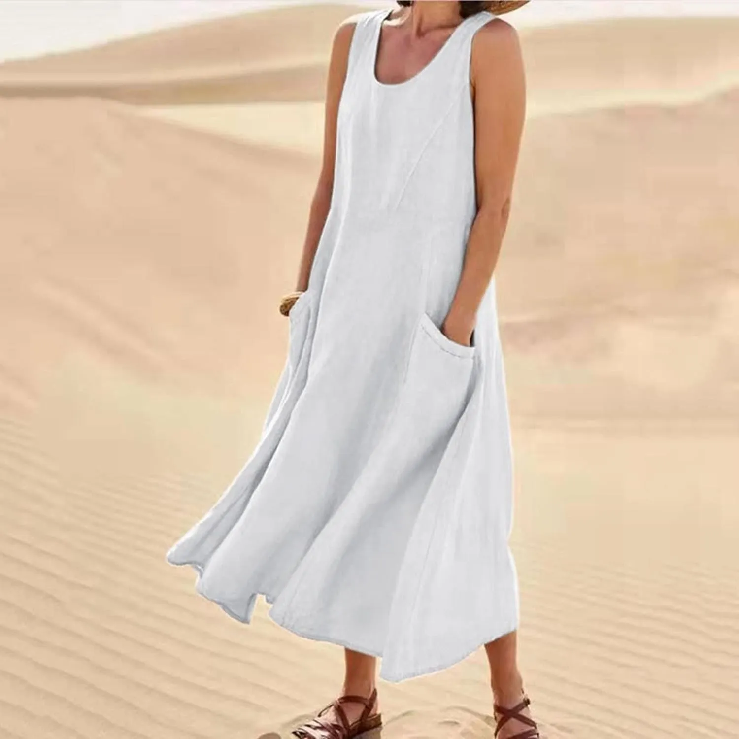 Linen Dress Women for 2025 Sleeveless Round Neck Casual Dress Loose Sun Dresses Beach Vacation Maxi Dress with Pocket