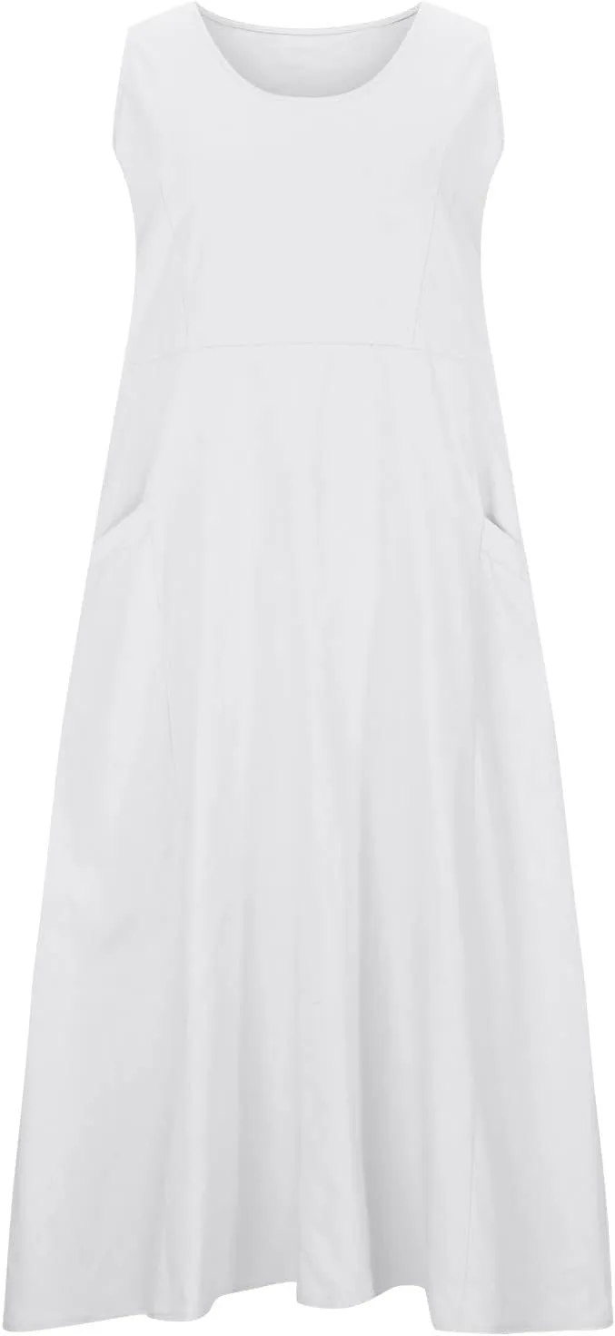 Linen Dress Women for 2025 Sleeveless Round Neck Casual Dress Loose Sun Dresses Beach Vacation Maxi Dress with Pocket