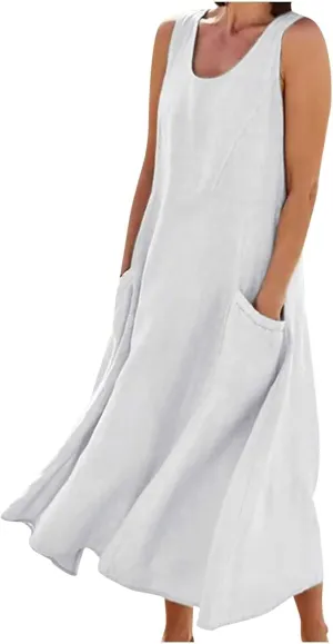 Linen Dress Women for 2025 Sleeveless Round Neck Casual Dress Loose Sun Dresses Beach Vacation Maxi Dress with Pocket