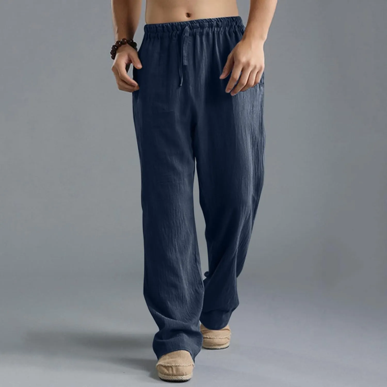 Linen Pants for Men, Mens Casual Pants Lightweight Drawstring Summer Beach Pants Elastic Waist Linen Pants