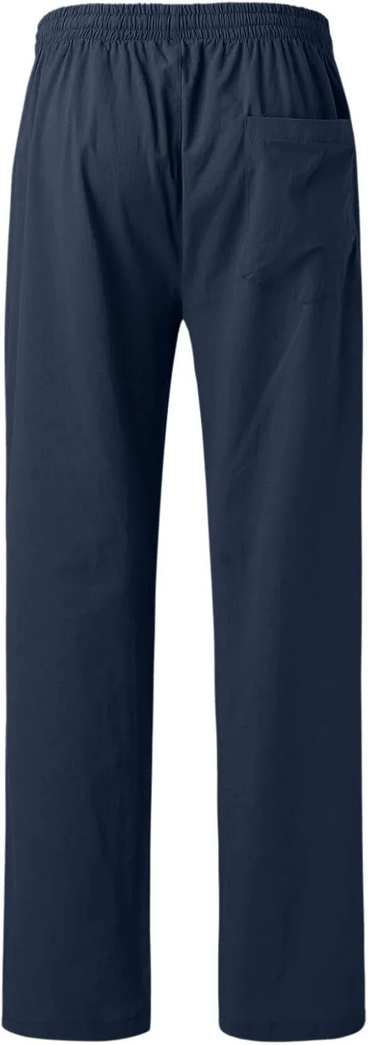 Linen Pants for Men, Mens Casual Pants Lightweight Drawstring Summer Beach Pants Elastic Waist Linen Pants