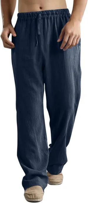Linen Pants for Men, Mens Casual Pants Lightweight Drawstring Summer Beach Pants Elastic Waist Linen Pants