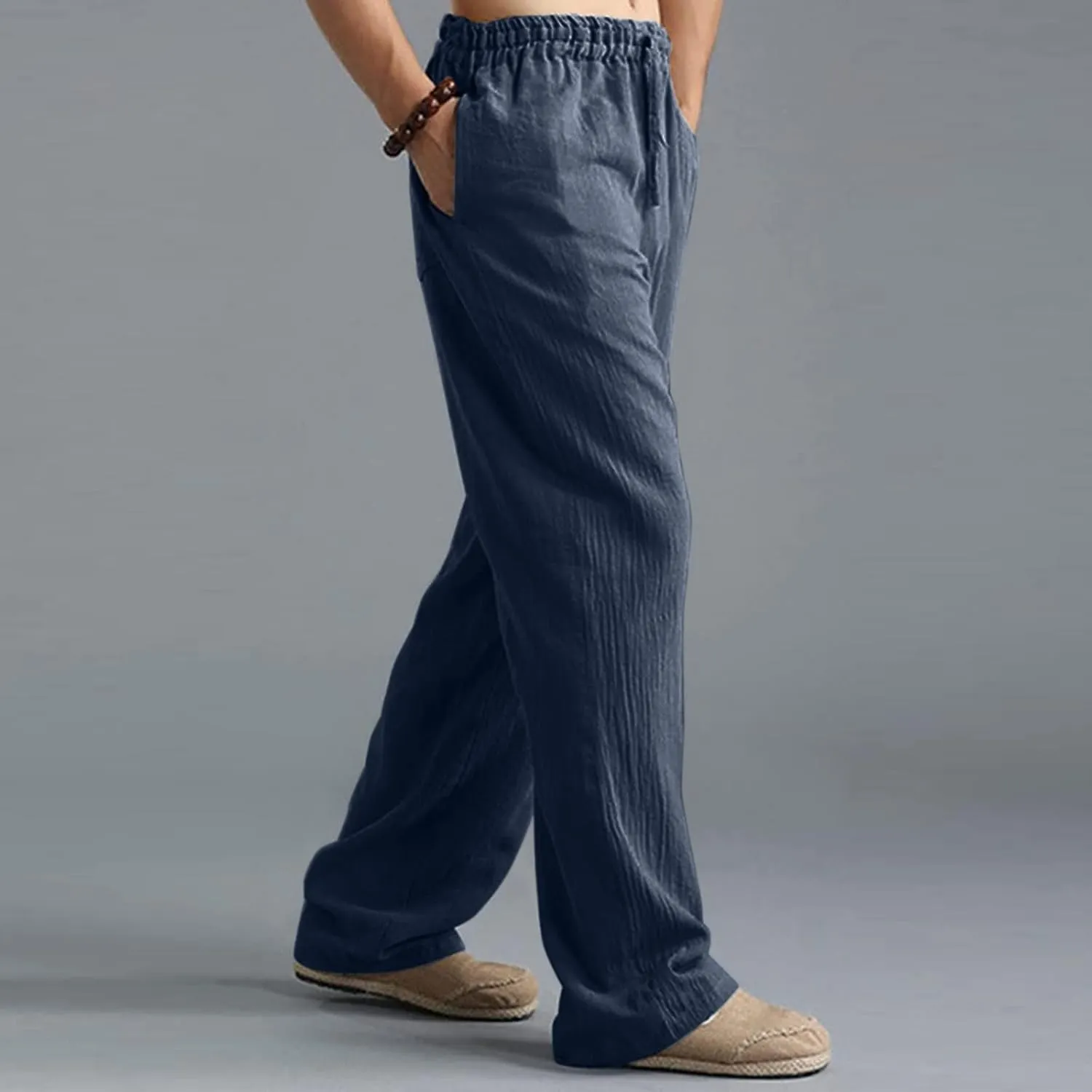 Linen Pants for Men, Mens Casual Pants Lightweight Drawstring Summer Beach Pants Elastic Waist Linen Pants