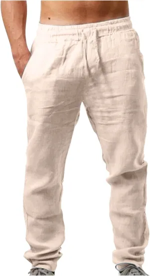 Linen Pants Men Slim Fit Drawstring Pants Elastic Waist Summer Trousers Lightweight Lounge Pants Casual Beach Pants