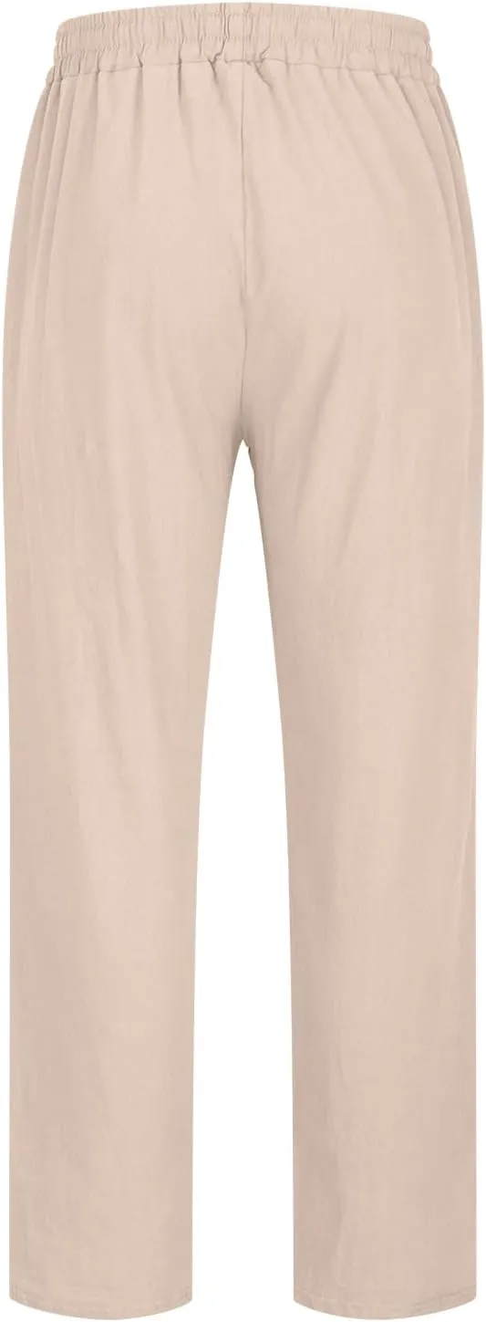 Linen Pants Men Slim Fit Drawstring Pants Elastic Waist Summer Trousers Lightweight Lounge Pants Casual Beach Pants