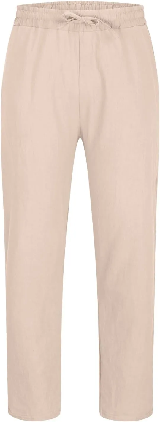 Linen Pants Men Slim Fit Drawstring Pants Elastic Waist Summer Trousers Lightweight Lounge Pants Casual Beach Pants