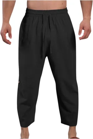 Linen Pants Mens Casual Pants Drawstring Beach Trousers Relaxed-Fit Yoga Pants Soft Elastic Waist Pants