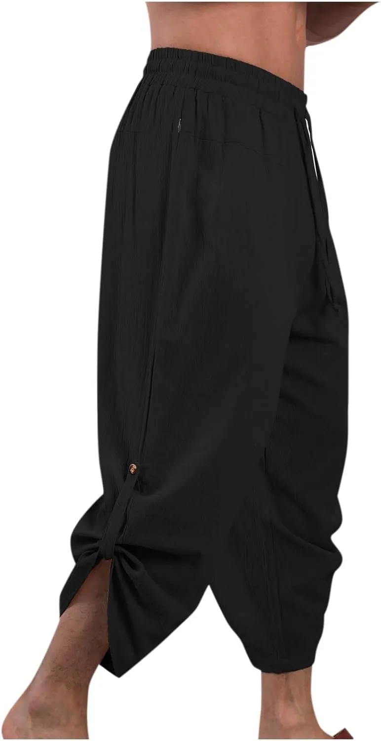 Linen Pants Mens Casual Pants Drawstring Beach Trousers Relaxed-Fit Yoga Pants Soft Elastic Waist Pants