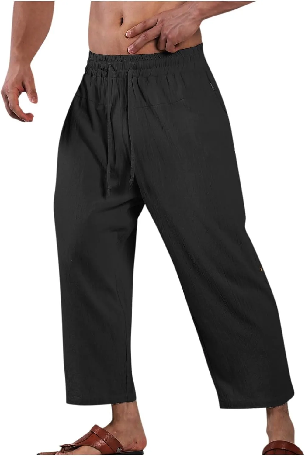 Linen Pants Mens Casual Pants Drawstring Beach Trousers Relaxed-Fit Yoga Pants Soft Elastic Waist Pants
