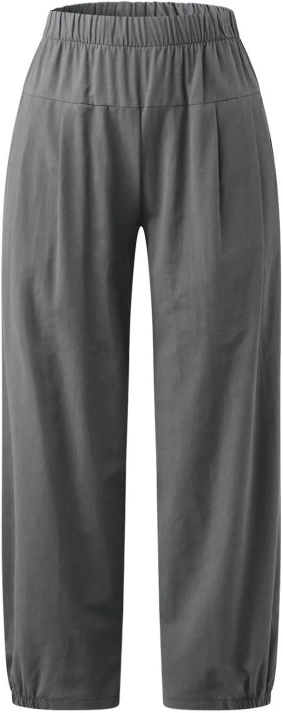 Linen Pants Women Summer Pants Loose Trousers Women Baggy Cargo Y2K Parachute Pants Track Pants Casual Pants Elastic