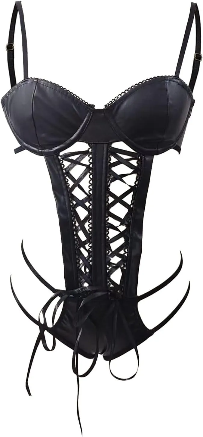 Lingerie For Women 1 PC Leather Teddy Bodysuit Lingerie Sexy Cutout Off Shoulder Conjoined PU Lace Robe Women