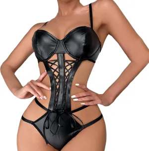 Lingerie For Women 1 PC Leather Teddy Bodysuit Lingerie Sexy Cutout Off Shoulder Conjoined PU Lace Robe Women