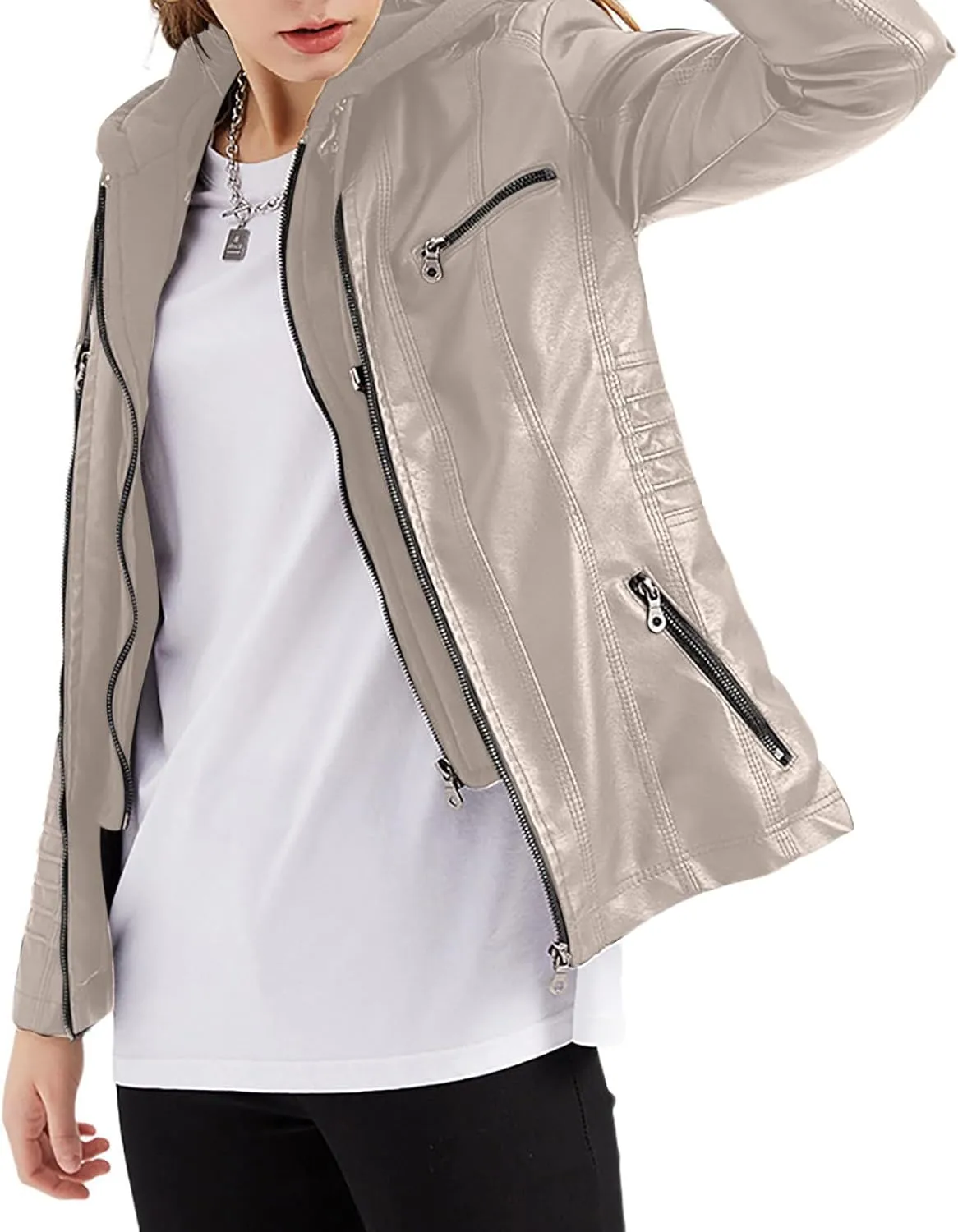 Lmdudan Hooded Leather Jacket for Women Motorcycle Coat Plus Size Long Sleeve Zipper Faux Leather Jackets Outwear & Pockets