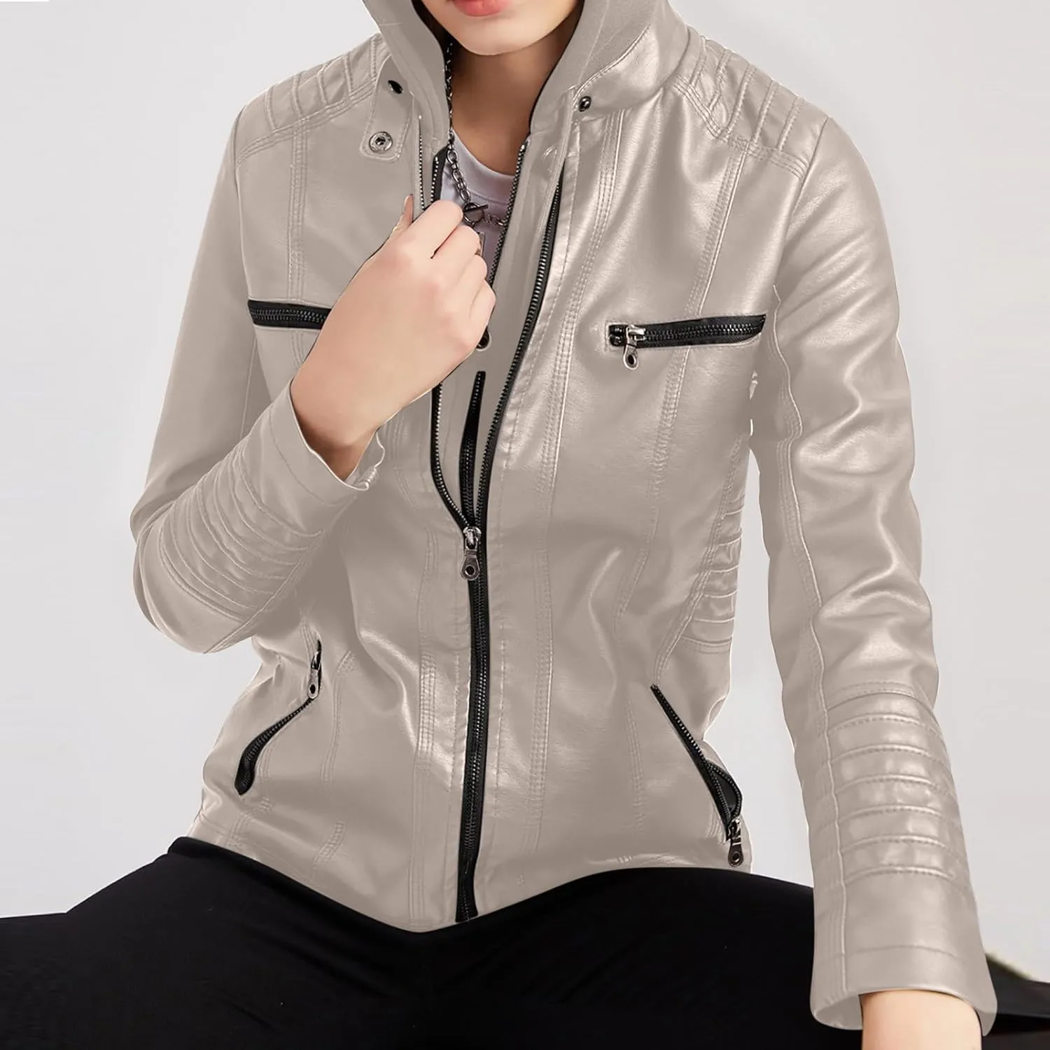 Lmdudan Hooded Leather Jacket for Women Motorcycle Coat Plus Size Long Sleeve Zipper Faux Leather Jackets Outwear & Pockets