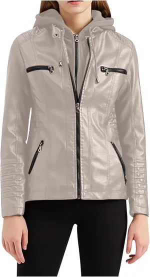 Lmdudan Hooded Leather Jacket for Women Motorcycle Coat Plus Size Long Sleeve Zipper Faux Leather Jackets Outwear & Pockets